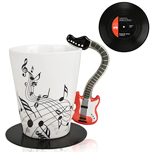 Guitar Mug with Vinyl Record Coaster - Red Electric Guitar Music Gift for Men Women