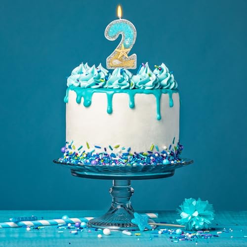 Number 2 Birthday Candle with Beach Starfish Sequins, 3-Inch Cake Topper