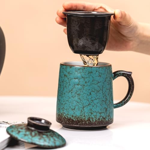 Blue-Green 15oz Ceramic Tea Mug with Infuser & Lid - Kiln-Transformed Unique Design