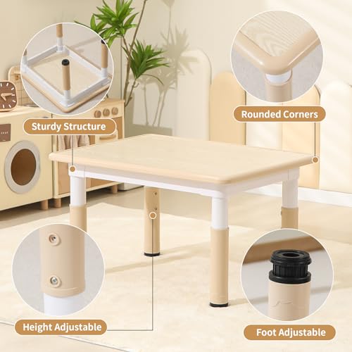 Hulaibit Toddler Table & Chairs Set with Graffiti Desktop - Height-Adjustable Kids Study Furniture, Burlywood Wood Grain