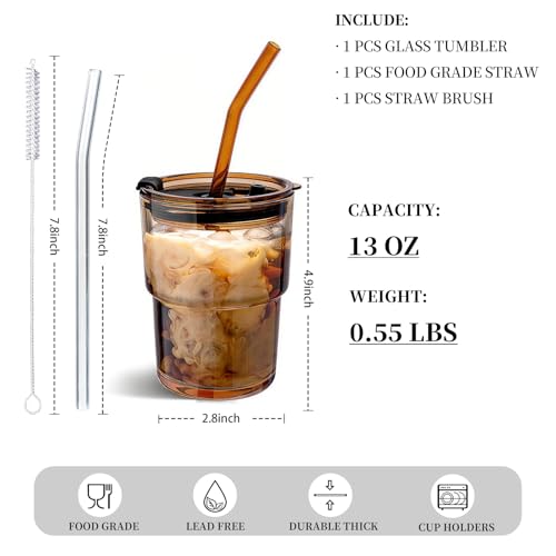 13oz Glass Iced Coffee Tumbler with Lid and Straw, 2-Piece Reusable Cup