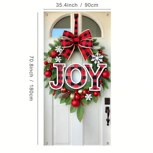 Christmas Door Cover Bow Buffalo Plaid 35x71 Inch Polyester Decor