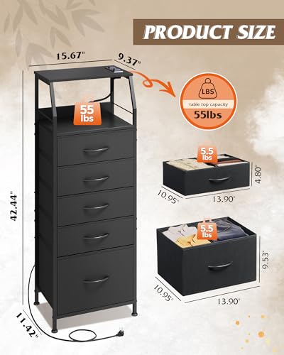 5-Drawer LED Nightstand with Charging Station and Open Shelves
