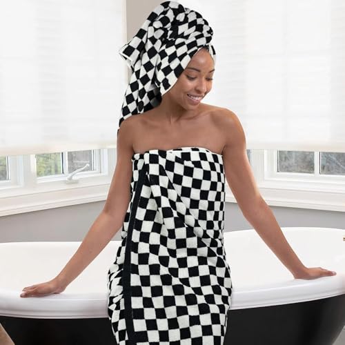 Black and White Checkered Cotton Bath Towels - 27.5" x 55" Set of 2