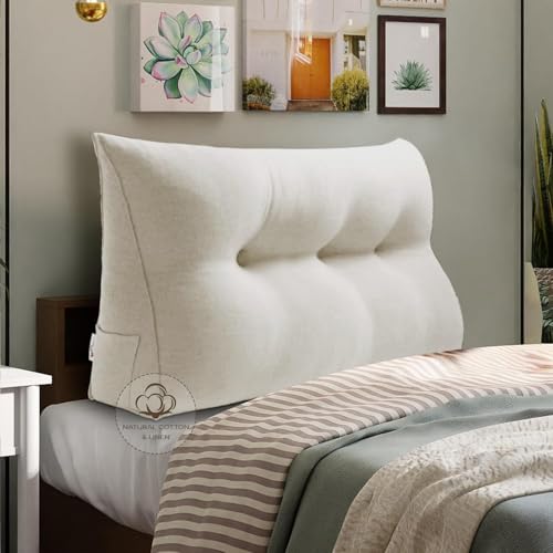 Ergonomic Wedge Pillow Headboard for Twin XL Bed - Removable Cover, 80% Cotton & 20% Linen, Pure White
