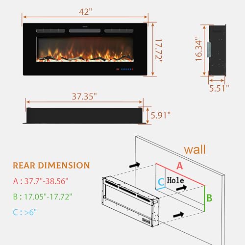 42-Inch Electric Fireplace Insert Recessed and Wall Mounted Heater
