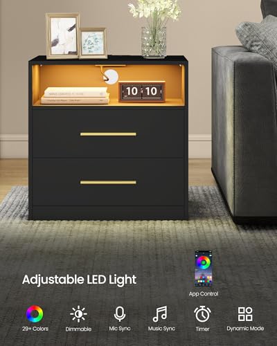 23.6-Inch Wide Nightstands Set of 2 with LED Lights & Charging Station