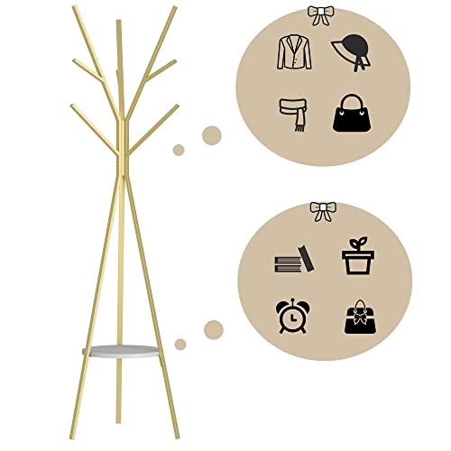 Modern Gold Metal Coat Rack with 9 Hooks and Storage Shelf, 71-Inch Hall Tree