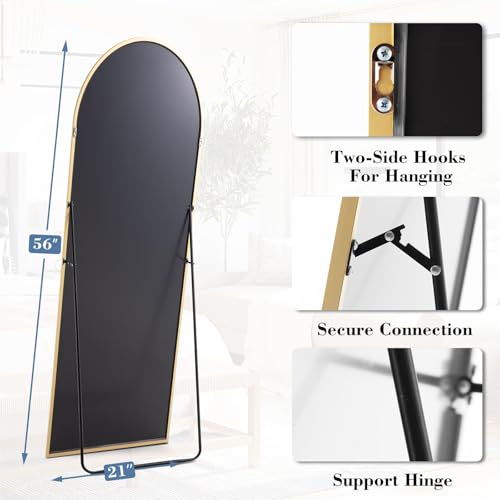 56" x 15" Arched Full Length Mirror, Gold Aluminum Frame Floor Standing Mirror