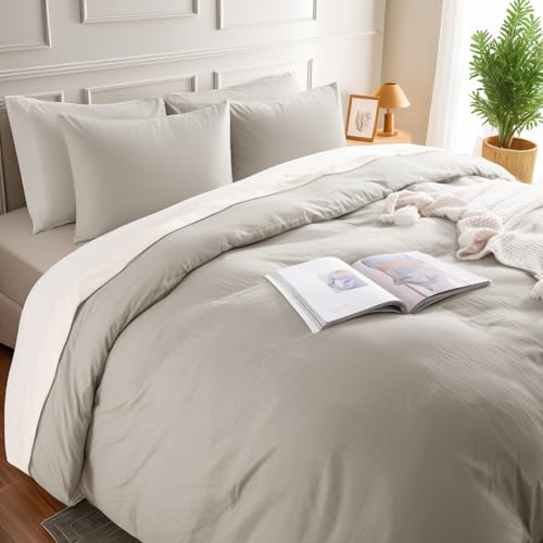 Twin Size Duvet Cover Set - 100% Washed Cotton, Breathable & Durable, Cream Grey