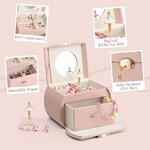 2-Layer Musical Jewelry Box for Girls with Spinning Ballerina and Drawers