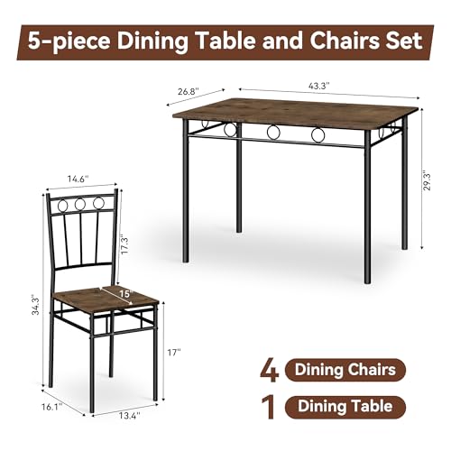 5-Piece Kitchen Dining Table Set for 4, Rustic Brown Space-Saving Dinette