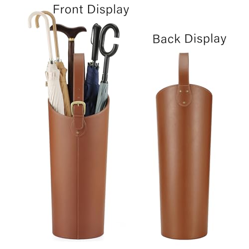 Tall Leather Umbrella Stand for Entryway with Drip Tray and 2 Hooks