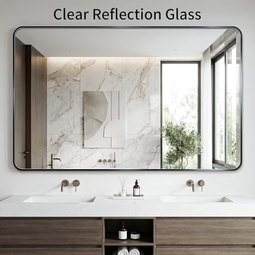 30x36 Inch Rounded Rectangle Bathroom Mirror, Black Metal Framed Wall Mirror