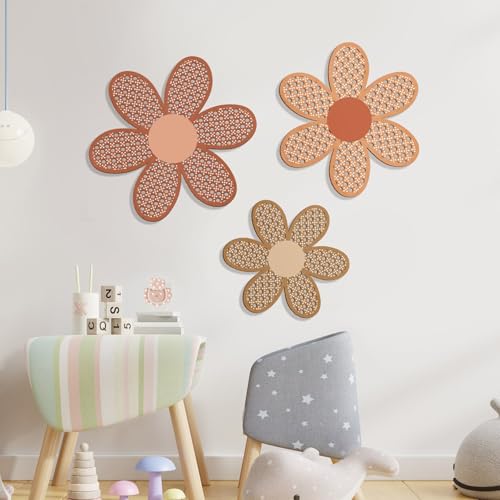 3-Piece Boho Daisy Wall Decor Set, Wooden Rattan Floral Nursery Art