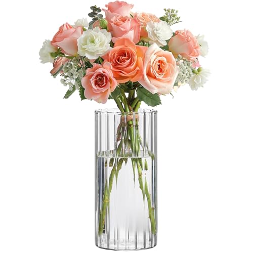 Clear Ribbed Glass Cylinder Vase 8 Inch - Decorative Centerpiece & Candle Holder