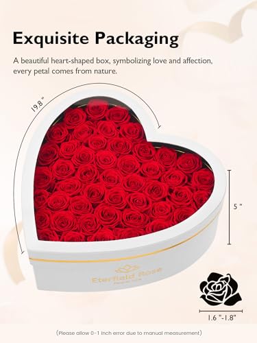 47 Preserved Roses in Heart-Shaped Suede Box, Long-Lasting Forever Flowers