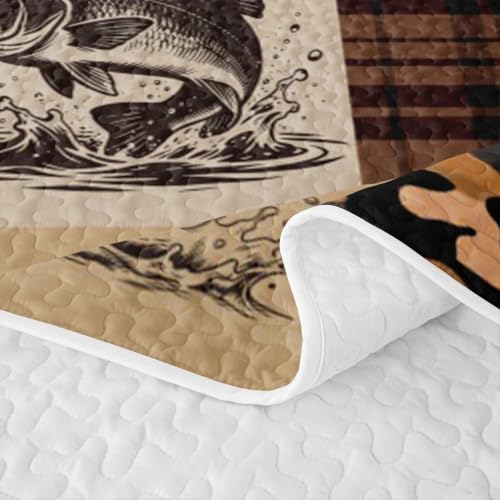 Bass Fish Quilt Bedding Set, Soft Lightweight Lake Fishing Bedspread
