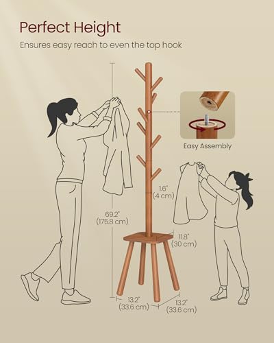 Freestanding Coat Rack with 8 Hooks and Storage Shelf, 69-Inch Tall