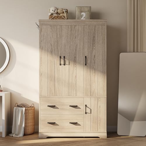 Freestanding Bedroom Wardrobe Closet with Drawers and Hanging Rod, Light Oak