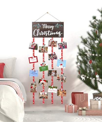 AKEROCK Wood Christmas Card Holder Display - Wall Decor & Gift Idea (Includes 30 Clips)