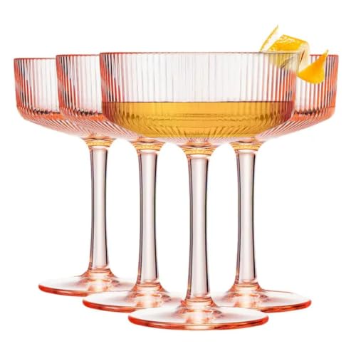 Khen Pink Peach Acrylic Ribbed Coupe Martini Glasses Set of 4, 8 oz Shatterproof European Style Drinkware