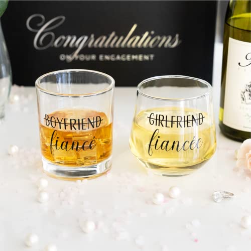 Engagement Gift Set for Couples with Whiskey Glass, Wine Glass & Stopper