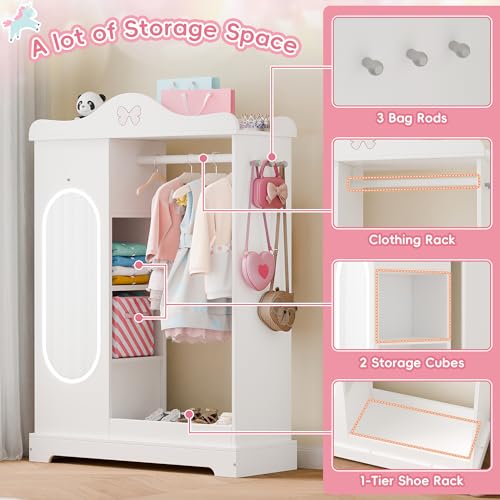 Kids Armoire with Mirror and Jewelry Cabinet, White Dress-Up Wardrobe