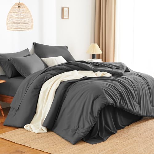 7-Piece Queen Comforter Set - Dark Grey Point-Quilted Bed in a Bag