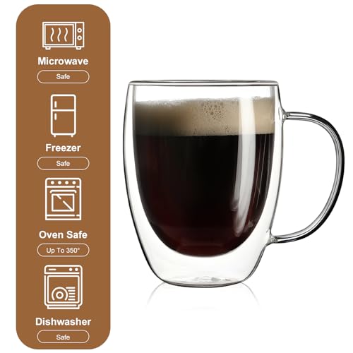 Aurzen 2 Pack 12oz Double Walled Glass Coffee Mugs with Handles, Insulated Borosilicate Drinkware, Microwave Safe