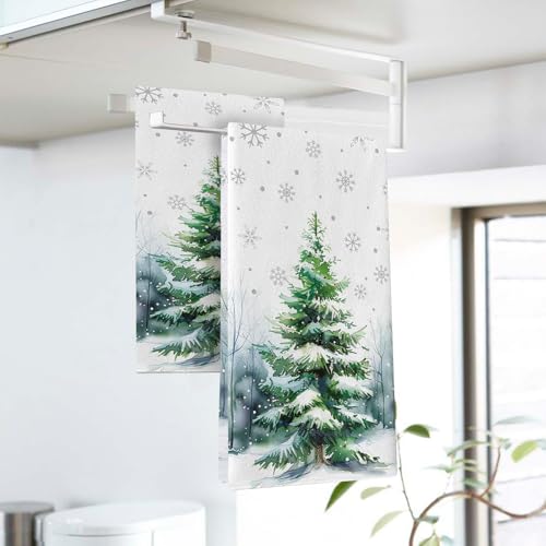 Croar Winter Pine Tree Kitchen Dish Towel Snowy Snowflake Farmhouse Decor - Set of 2
