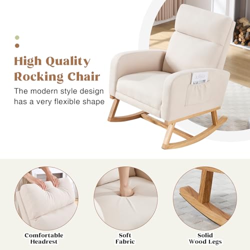Nursery Rocking Chair with Retractable Footrest and High Backrest, Beige