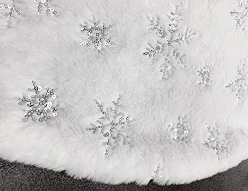 48-Inch White Faux Fur Christmas Tree Skirt with Silver Sequin Snowflakes