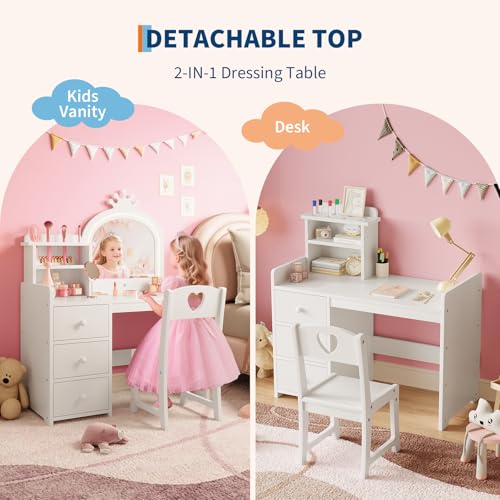 Kids Vanity Set with Crown Mirror, 3-Color LED Lights, and Chair