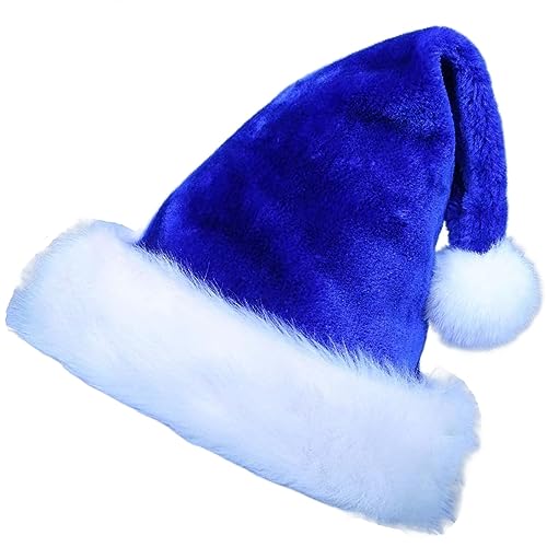 Blue Plush Velvet Santa Hat for Adults & Kids - Christmas & Holiday Party Supplies