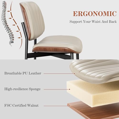 Mid-Century Modern Dining Chairs Set of 6, Upholstered PU Leather with Walnut Back