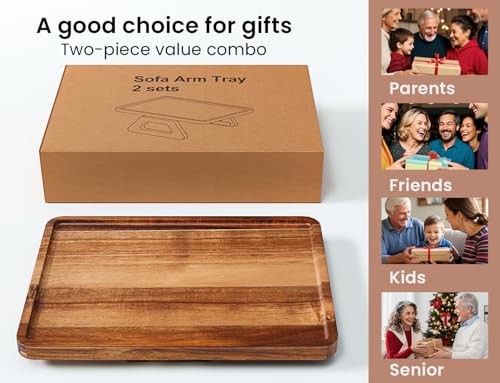 2 Pack Acacia Wood Sofa Arm Tray, Folding Clip-On Couch Table for Drinks