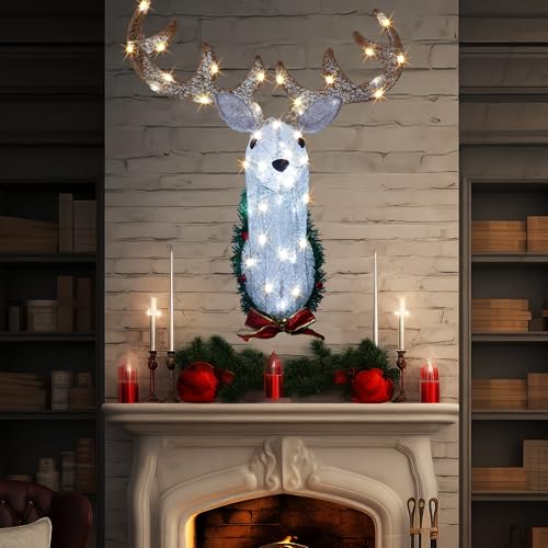 Lighted Christmas Reindeer Head Wall Decor - 32 Inch Outdoor Indoor Rudolph Wreath with 8 Modes
