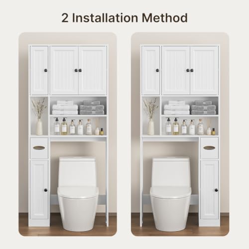 Over Toilet Storage Cabinet with 5 Doors and Adjustable Shelves, White Bathroom Organizer
