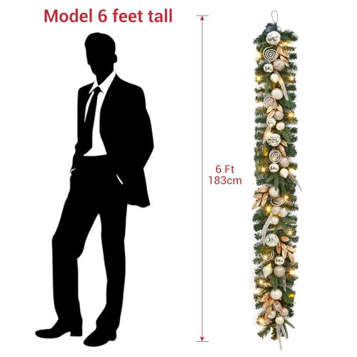 Prelit Christmas Garland with Champagne Gold Ornaments - 6 Ft Holiday Decor with Lights