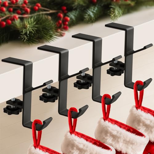 4-Pack Adjustable Metal Stocking and Garland Holders for Mantel (Black)