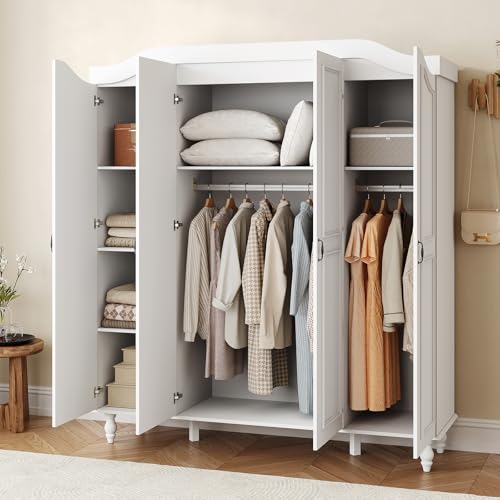 71-Inch Arched Armoire Wardrobe Closet, 4-Door White Wooden Storage Cabinet