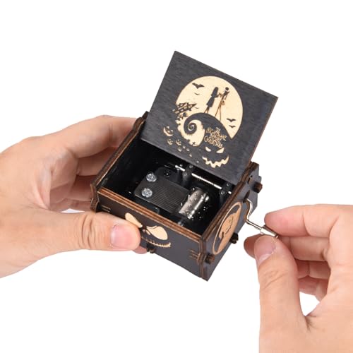 Engraved Wooden Hand-Crank Music Box - Halloween Themed Melody Gift