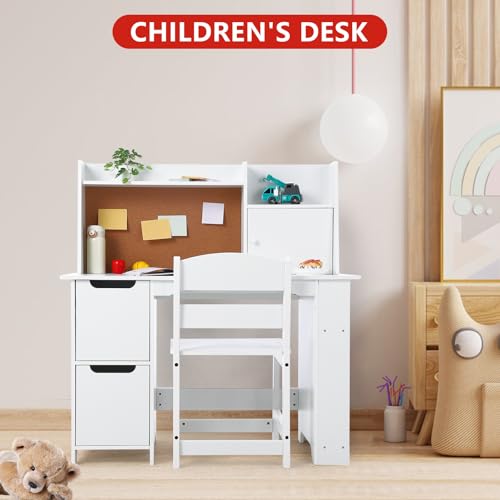 Kids Study Desk and Chair Set with Storage Shelves and Bulletin Board