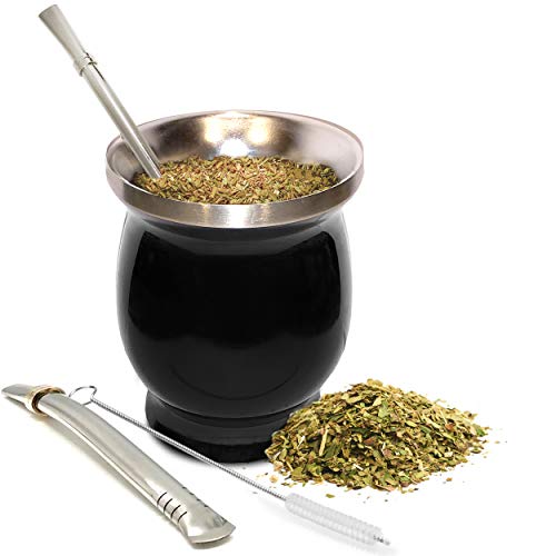 Norte Yerba Mate Cup Set Black - 8oz Traditional Tea Gourd with Stainless Steel Accessories