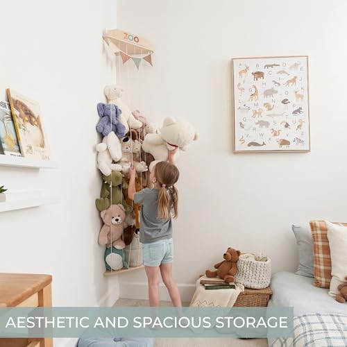 Corner Stuffed Animal Storage Zoo with Wooden Shelves and Hanging Garland