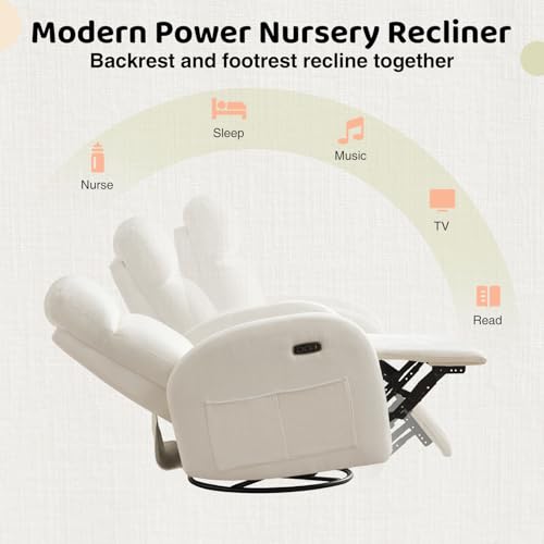 Power Nursery Glider Recliner, Swivel Rocking Chair with USB & Type-C