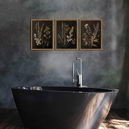 Dark Botanical Wall Art Set of 3 Framed Moody Floral Prints 12x16
