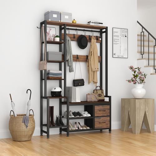 43" Industrial Hall Tree with Shoe Bench, Coat Rack, and Storage Drawers