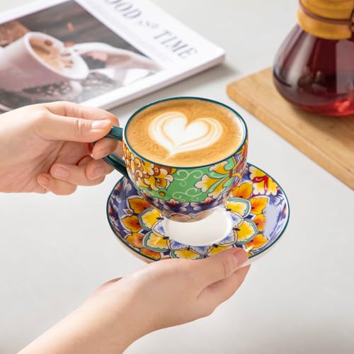 Vancasso 8oz Porcelain Cappuccino Cups & Saucers Set of 6 - Bohemian Design, Dishwasher & Microwave Safe